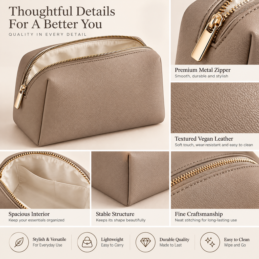 Taupe Zip Makeup Pouch — design details