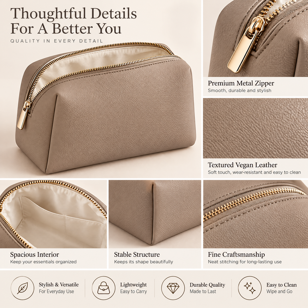 Taupe Zip Makeup Pouch — design details