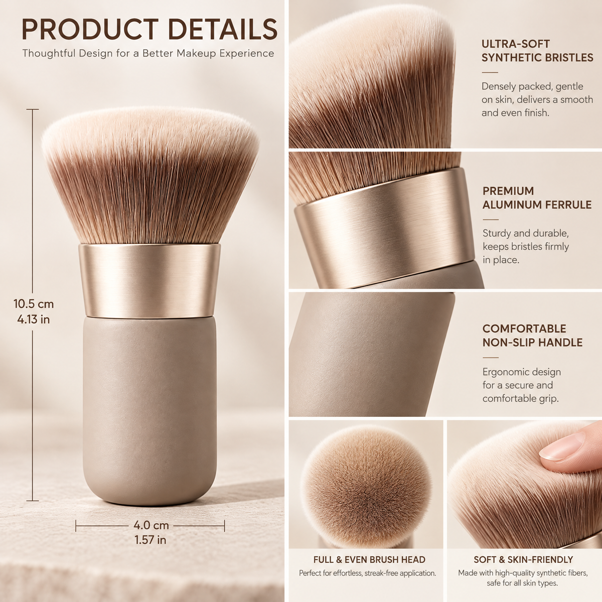 Taupe Flat-Top Foundation Brush — design details