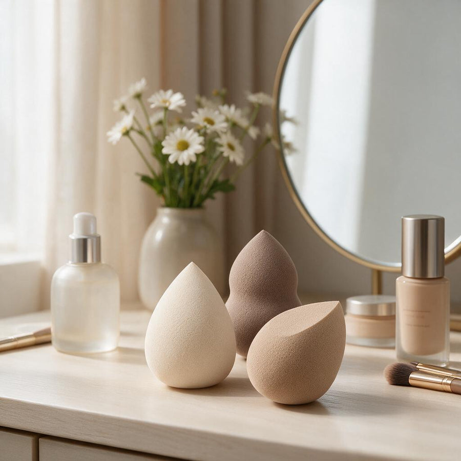 Neutral makeup sponges in ivory, sand, and taupe tones