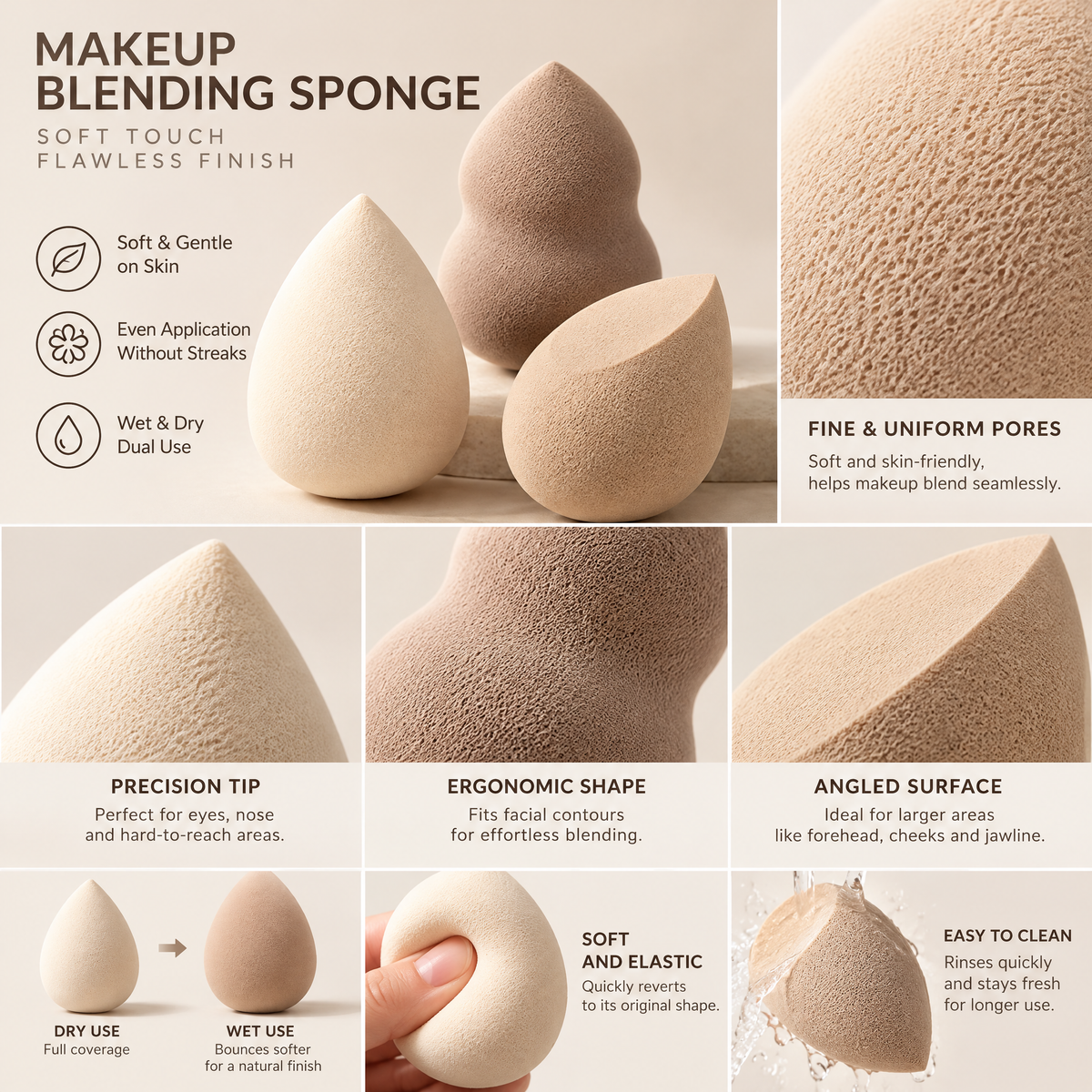 Neutral Makeup Sponge Trio — design details