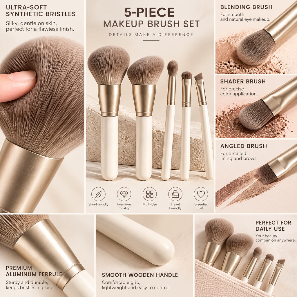 Ivory Five-Piece Makeup Brush Set — design details